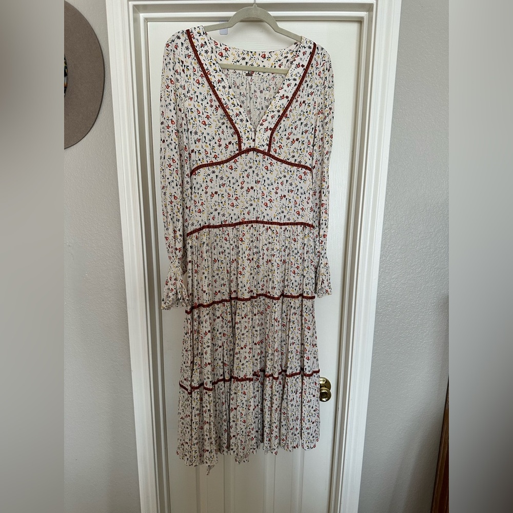 Free People Cream and Red Floral Long Sleeve Dress